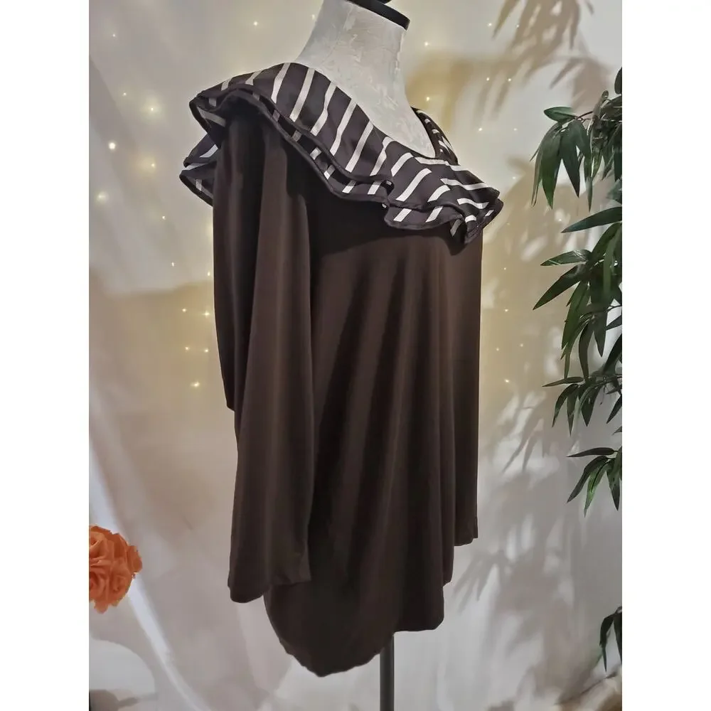 Lauren Ralph Lauren Stripe Satin Ruffle Neck 3/4 Sleeve Blouse Plus 2X Brown Top - Picture 4 of 9